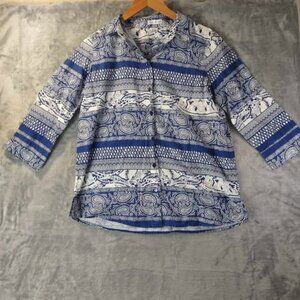 Rebecca Malone Blue White Paisley Cotton Button Top S Coastal Classi Soft Boho